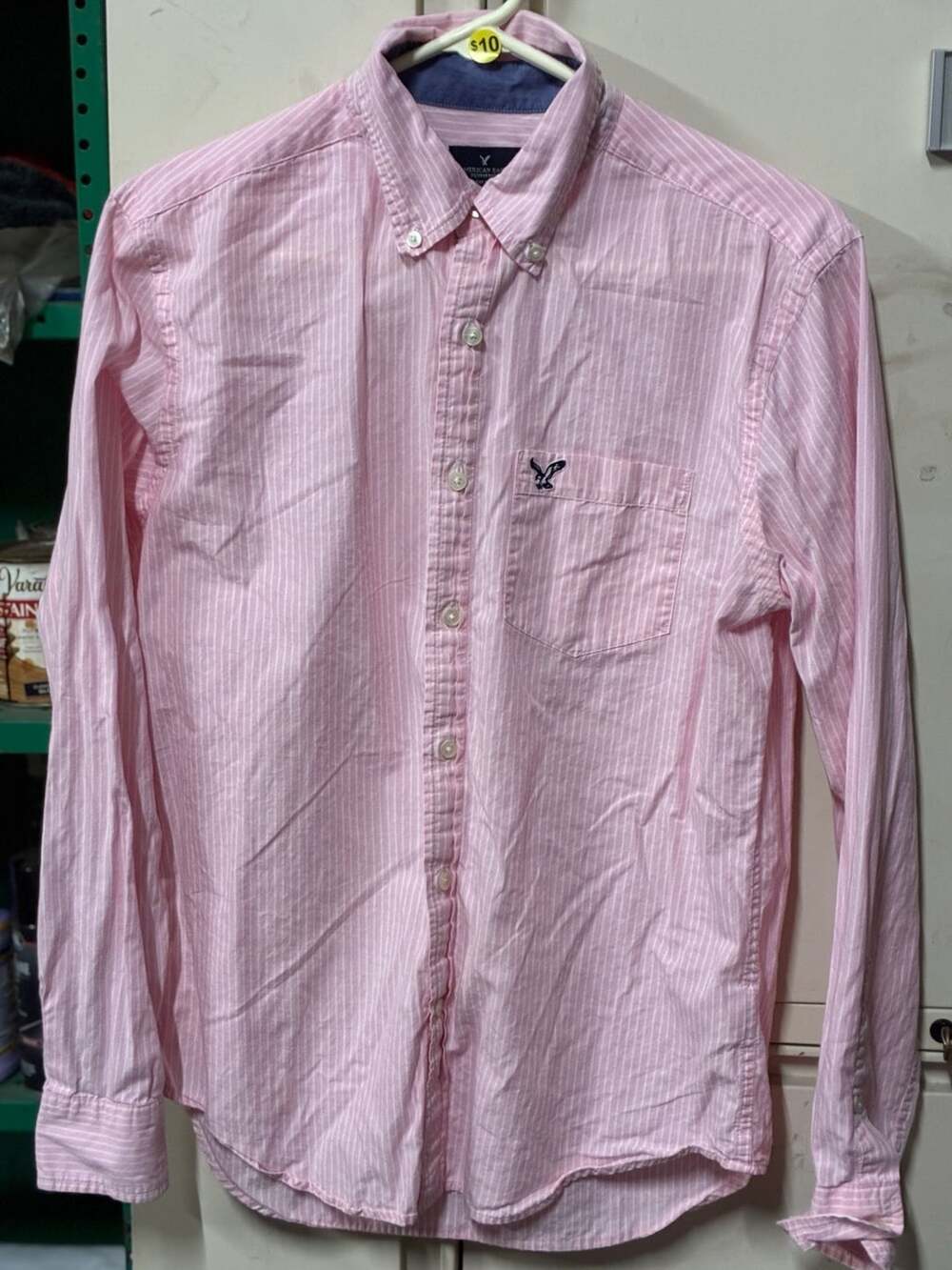 American Eagle Mens Medium Pink & Blue Striped Button Up Shirt